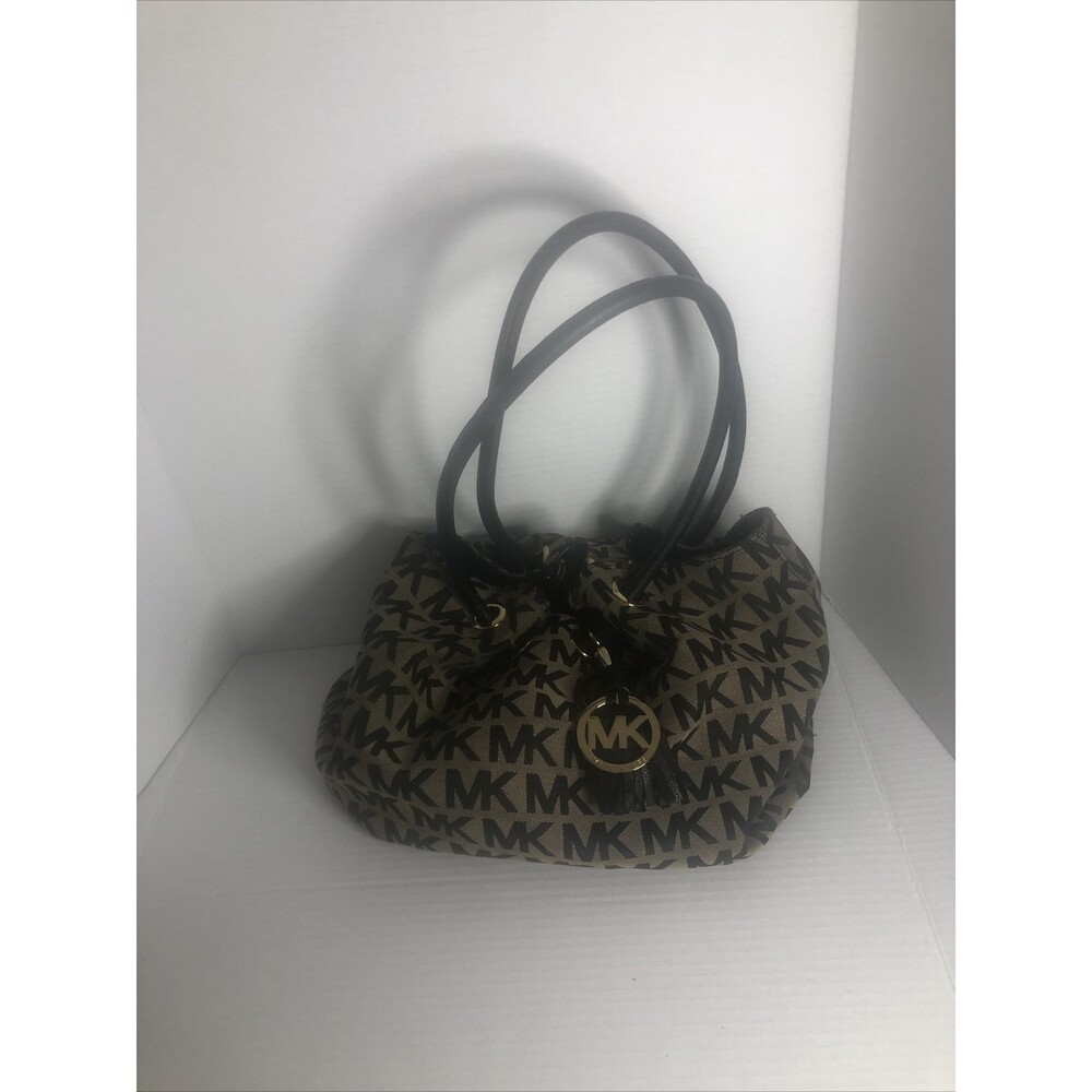 Michael Kors Jet Set Lg Gathered Tote Bag Purse Signature Brwn/black with Wallet